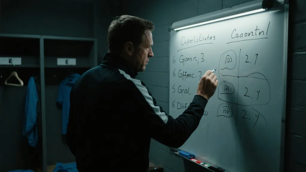 夜晚更衣室里，教练在白板上写积分与净胜球计算